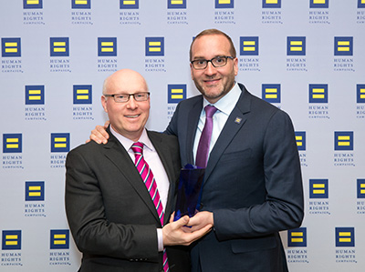 Benjamin Haglund, Day Pitney partner and chair of the Diversity and Inclusion Committee, accepting CEI 100 Percent Award from Human Rights Campaign President Chad Griffin. �B. Proud Photography
